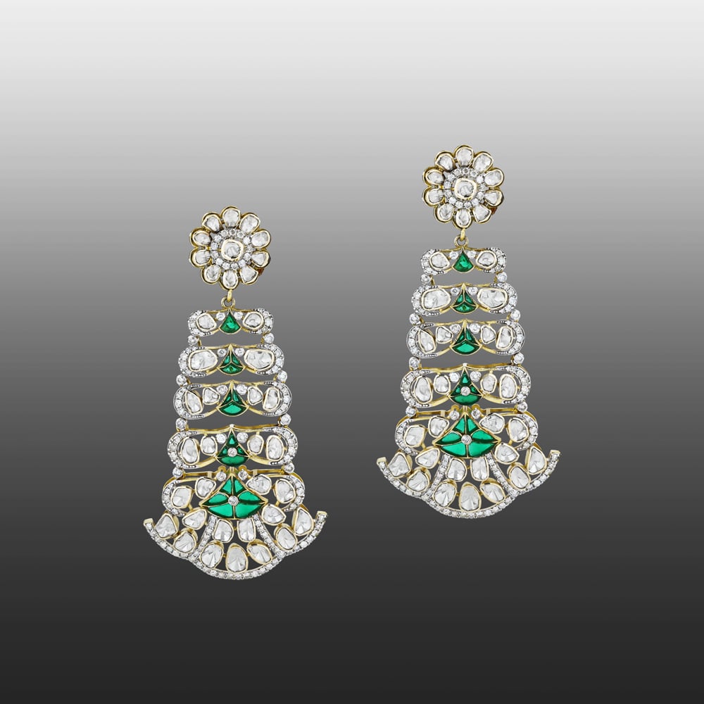 Chandelier Earrings with Polki, Green Talaf, and Floral Top